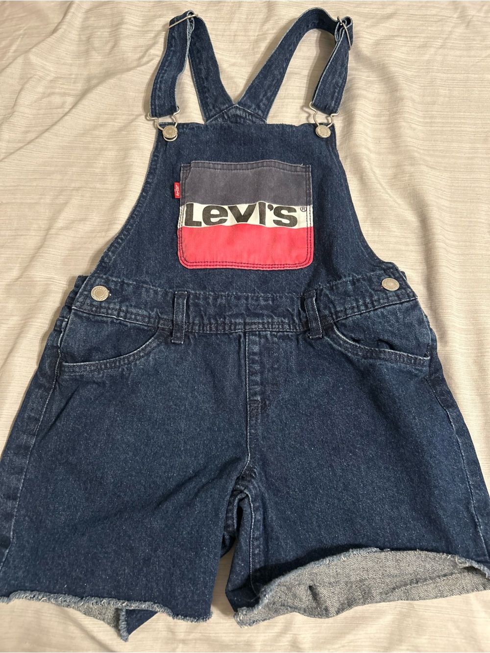 Levi's Dark Blue Denim Short Overalls with Red Pocket Patch